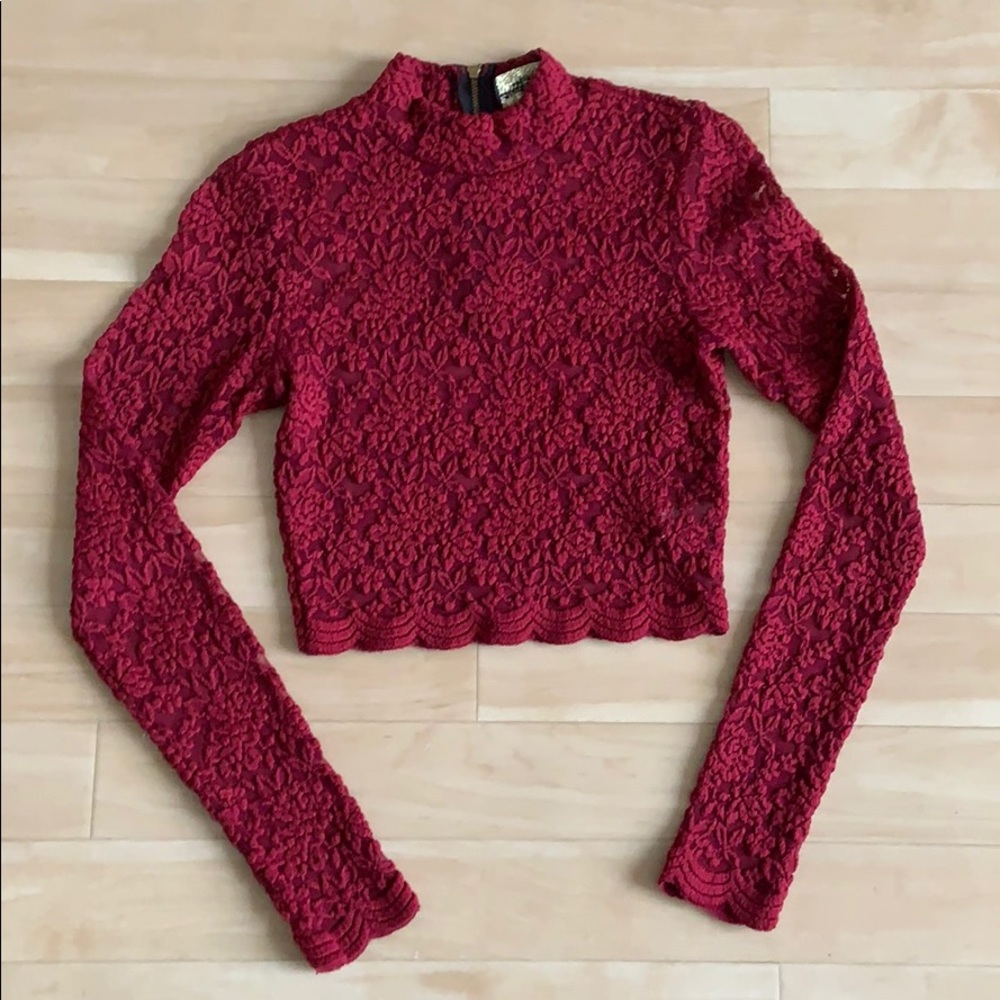 High neck long sleeve lace crop top